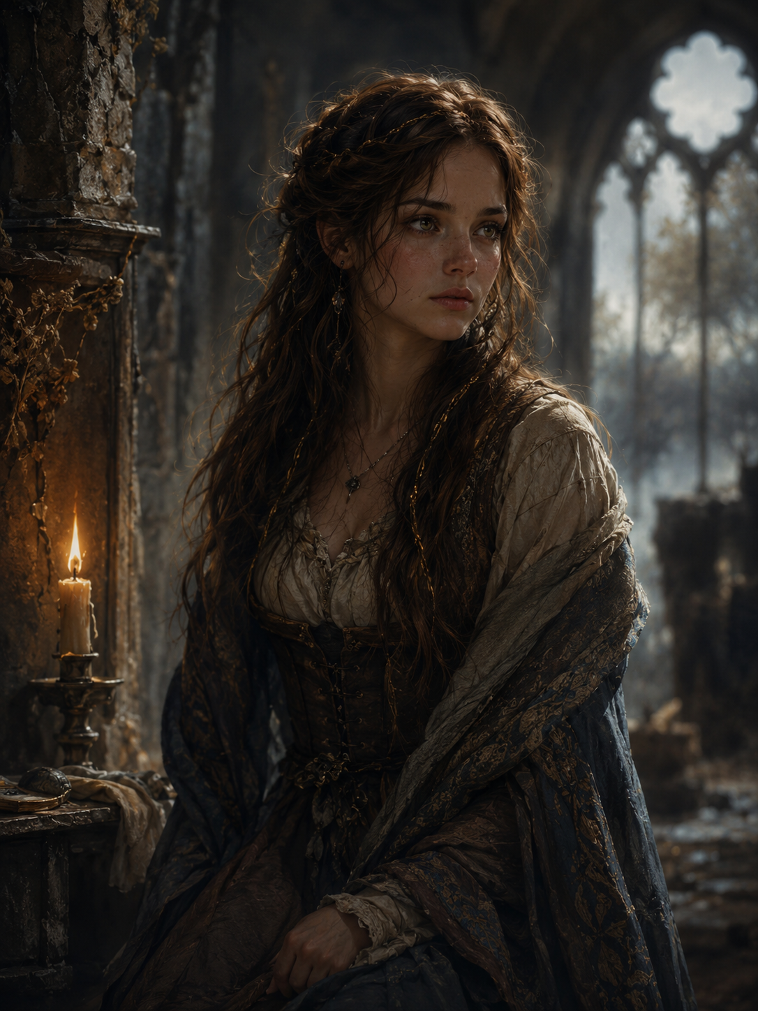 Portrait illustration of Athleen Vale in a ruined sanctuary