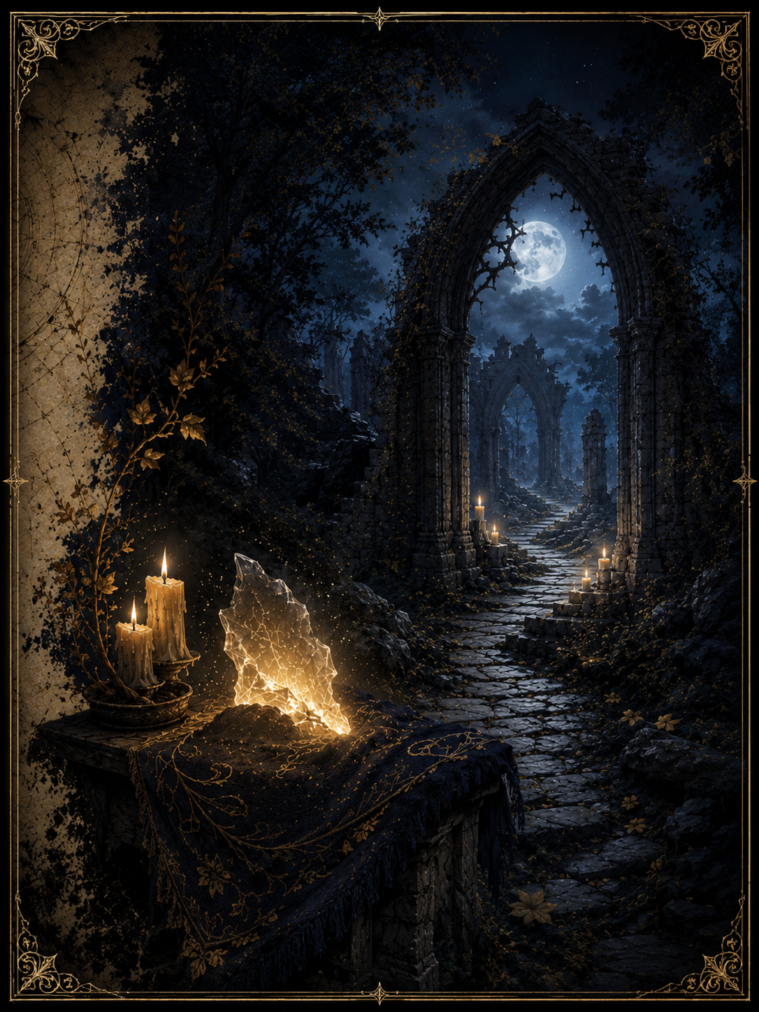 Moonlit ruins with a radiant crystal shard, representing the origin of The First Vow Trilogy