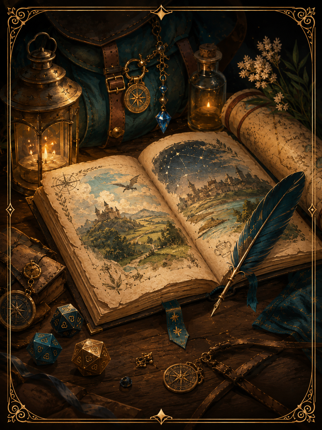 A candlelit adventurer’s desk with a map, dice, and journal, representing the origin of Tales Beyond the Roll