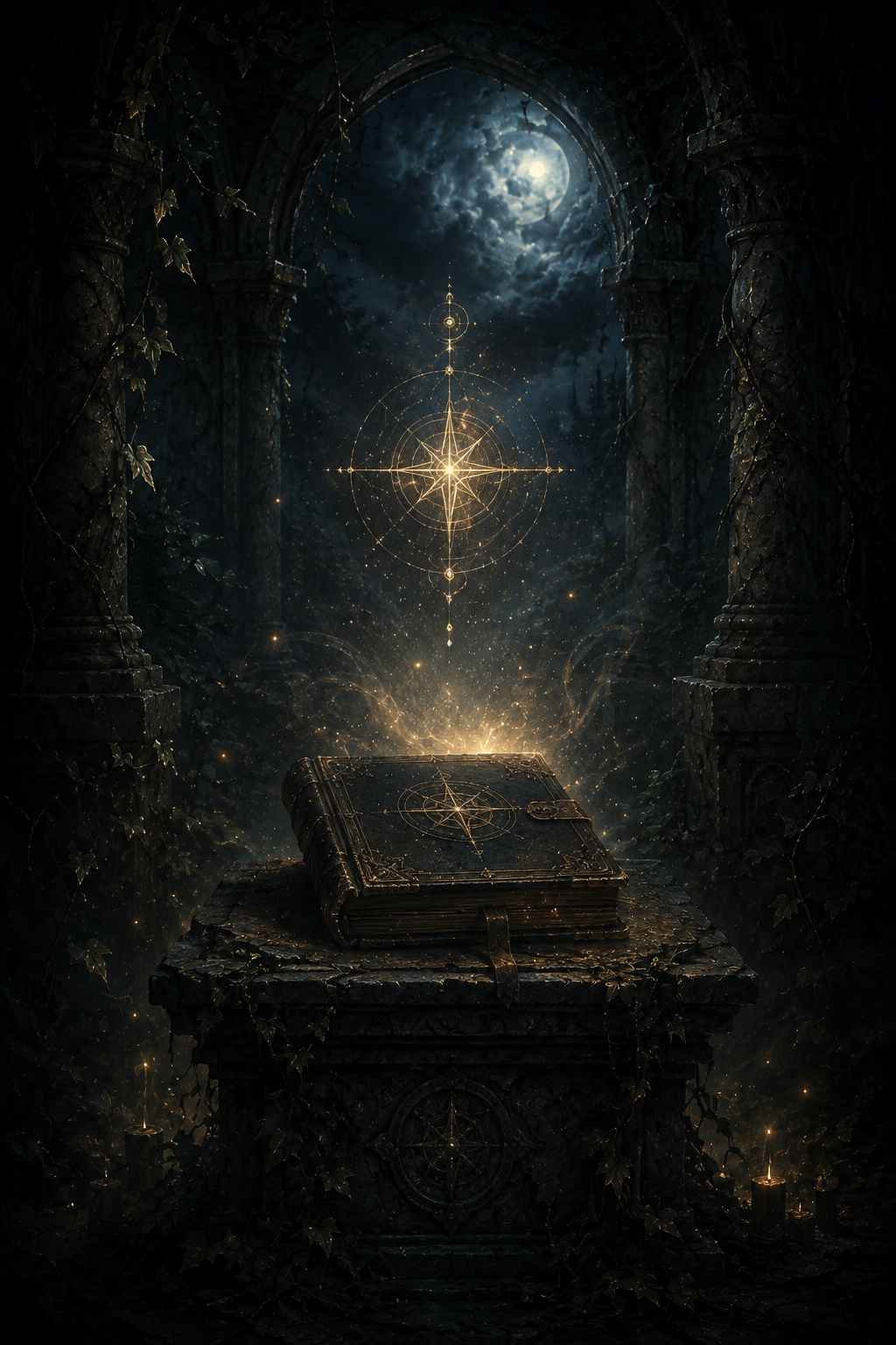 An ancient black book glowing on a stone pedestal beneath moonlit ruins