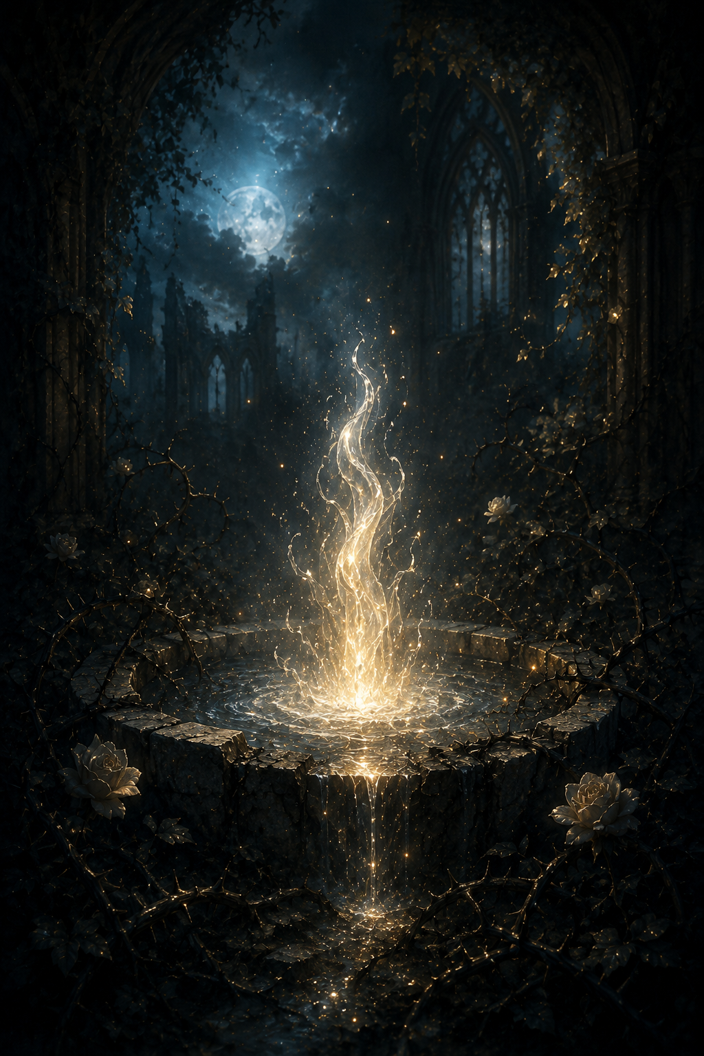 A pool of golden magic rising like living light inside moonlit gothic ruins
