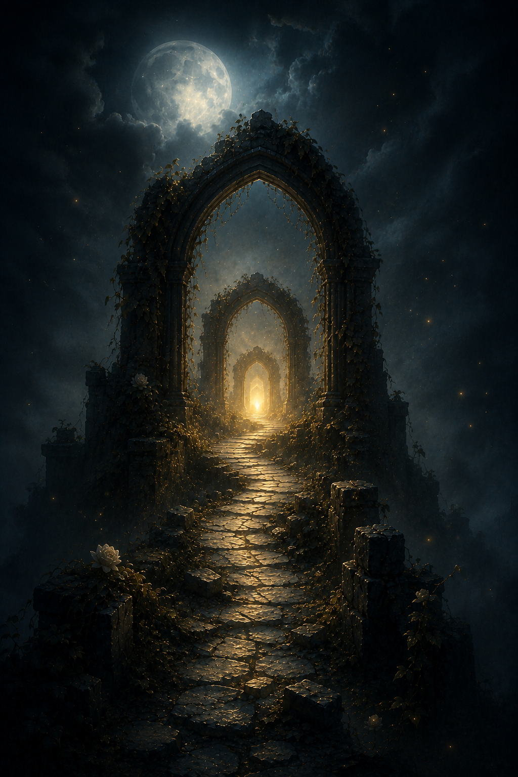 A moonlit stone path passing through ruined arches toward a distant golden light