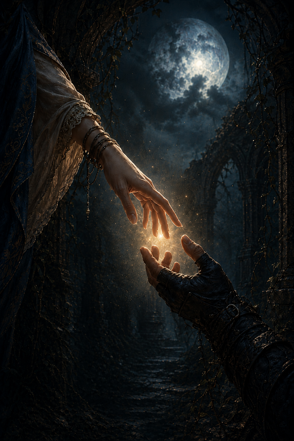 Moonlit ruins where Athleen and Nightstalker reach toward one another through golden light