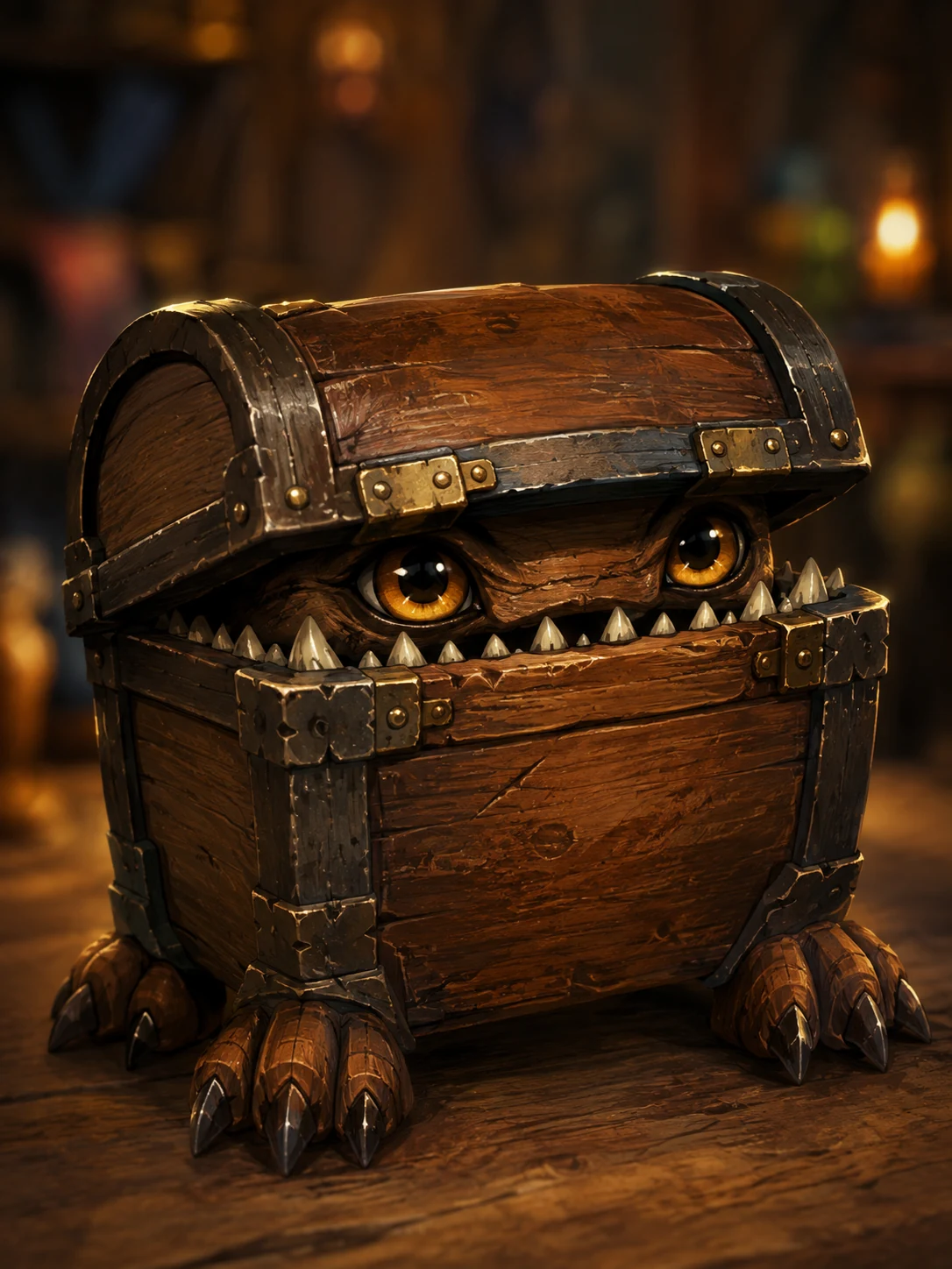 Chesty, a small wooden chestling with amber eyes and sharp teeth