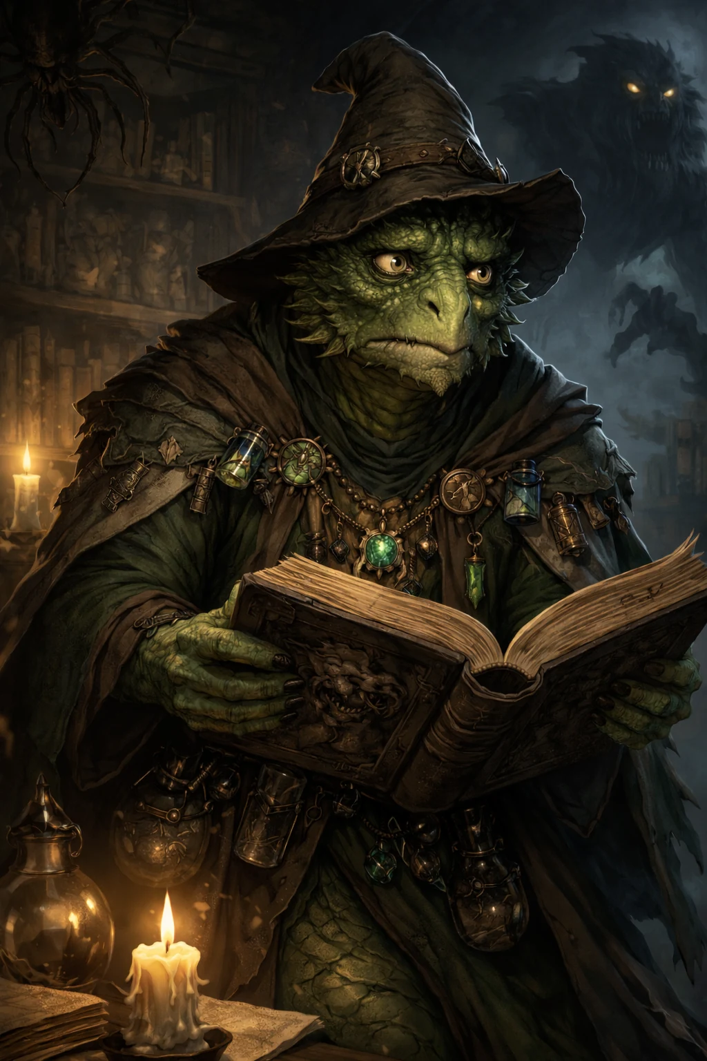 Sorren, a green scaled creature scholar in a worn wizard hat