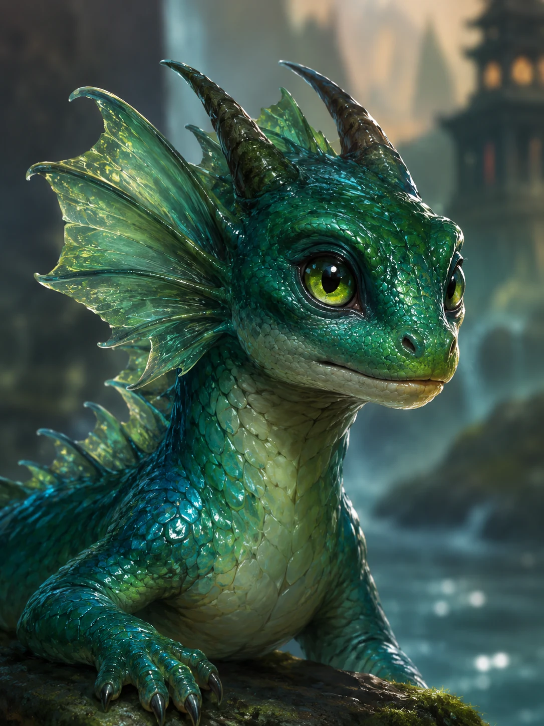Triton, a young green and teal river drake