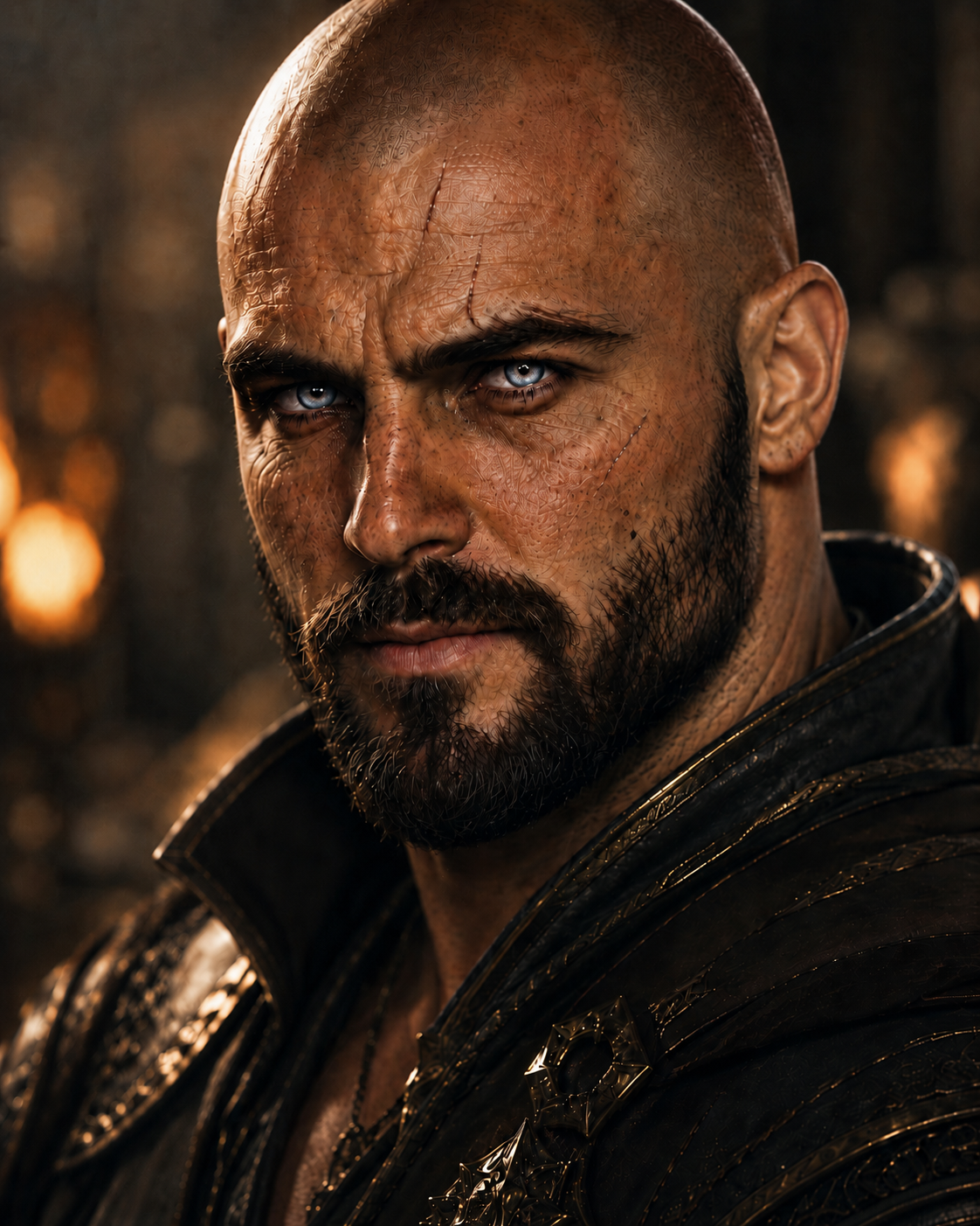 Portrait illustration of Nightstalker with a scarred face and pale blue eyes