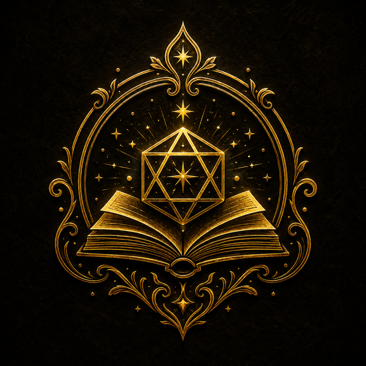 Tales Beyond the Roll emblem showing an open book beneath a twenty-sided die and stars