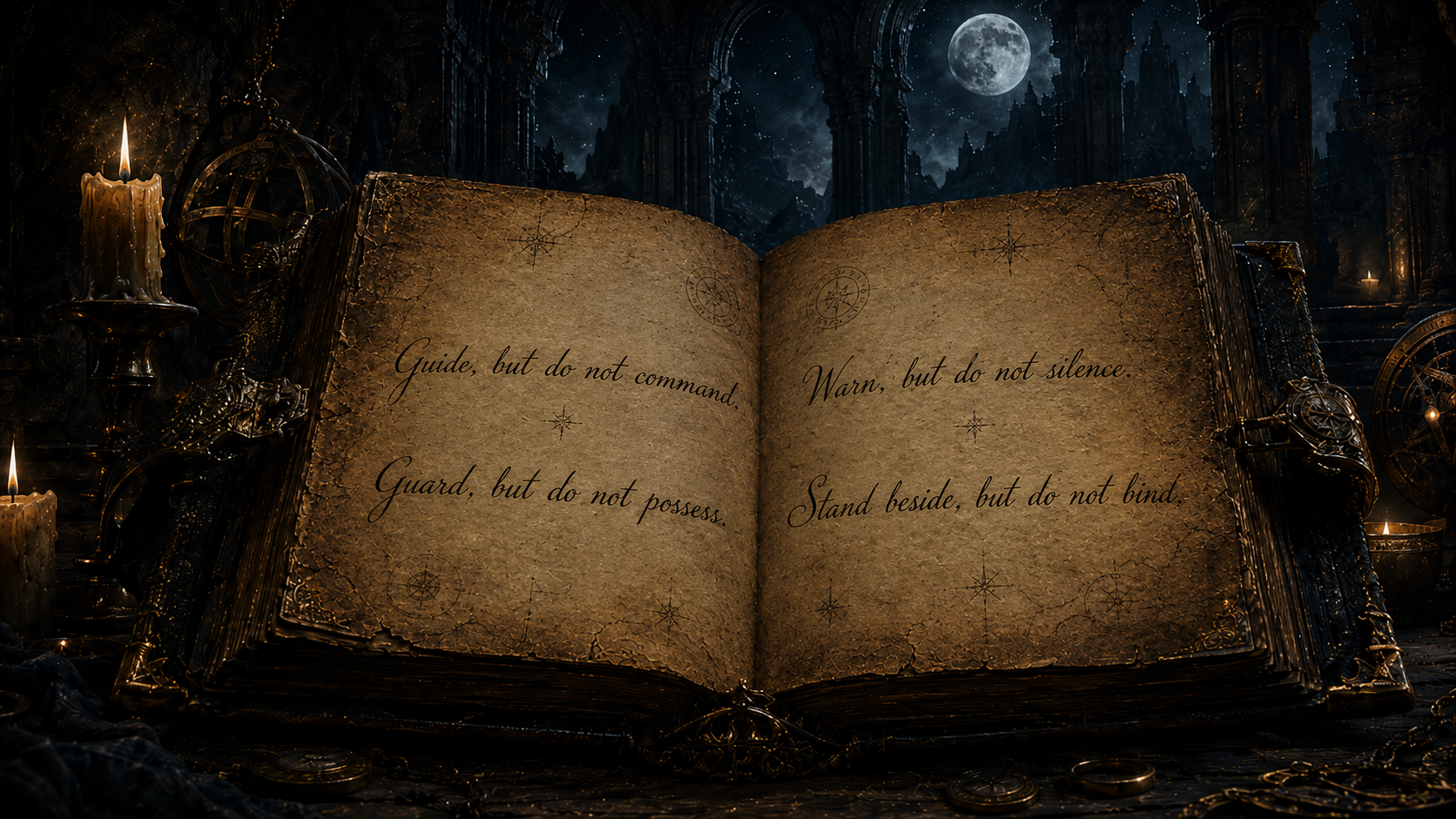The Black Book lying open in moonlit ruins, aged parchment pages writing themselves in dark ink with the four guiding lines of the First Vow.