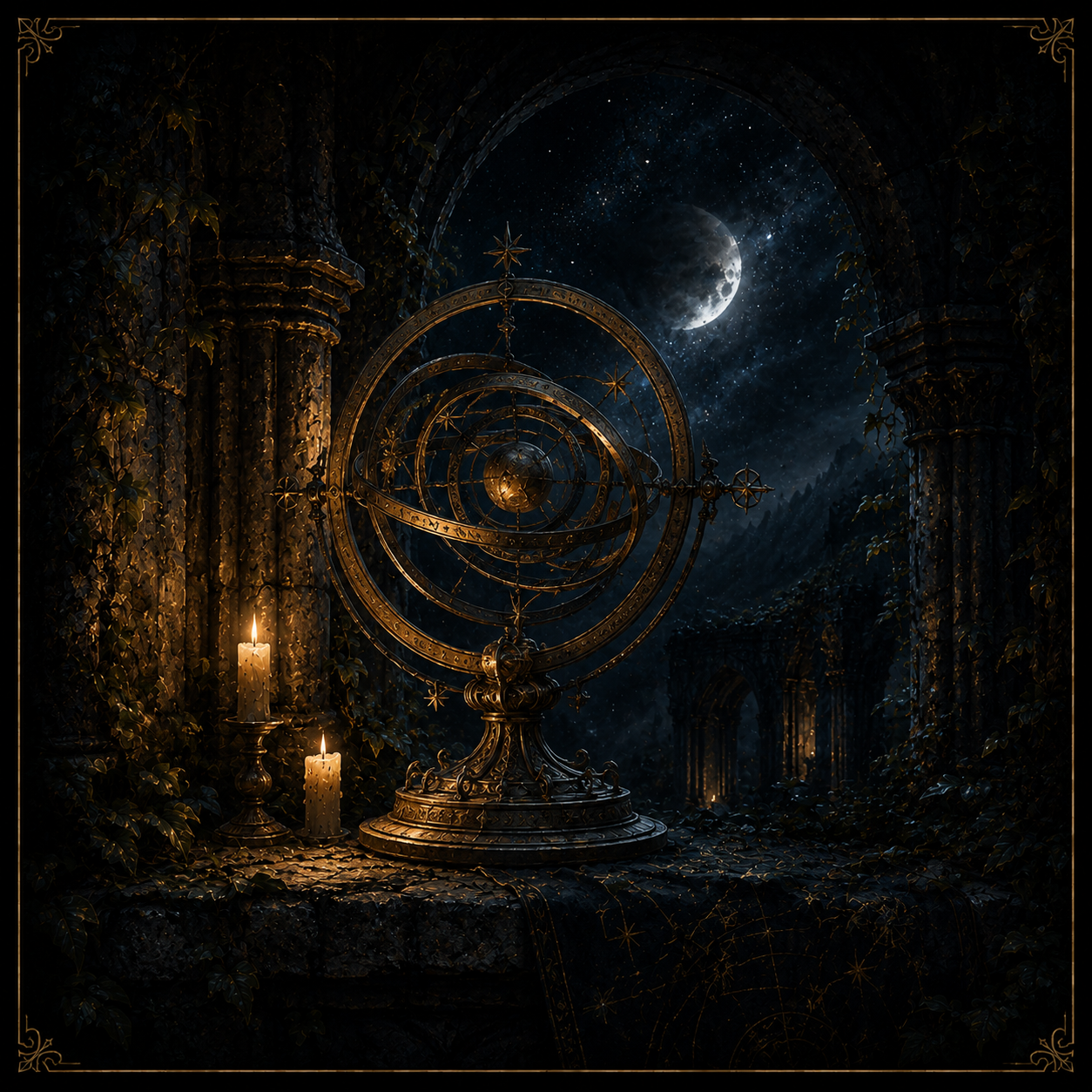 A moonlit armillary set within ruined gothic arches under a star-filled sky.