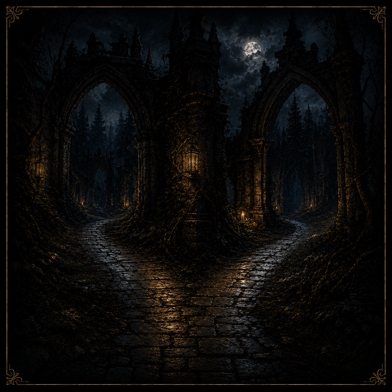 A forked stone path beneath ruined arches in a dark moonlit forest.