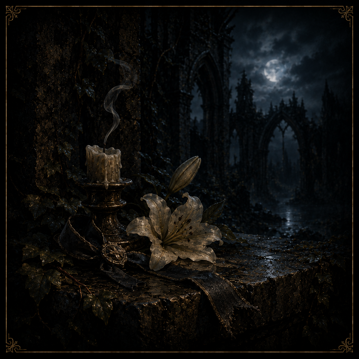 A melted candle and white lily resting in moonlit ruins, quiet and mournful.
