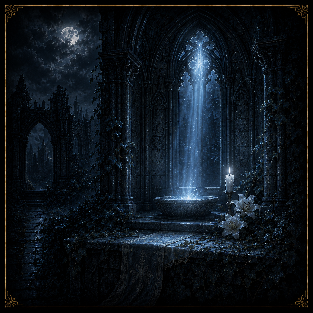 A ruined gothic chapel bathed in cold blue-white light falling into a stone basin.
