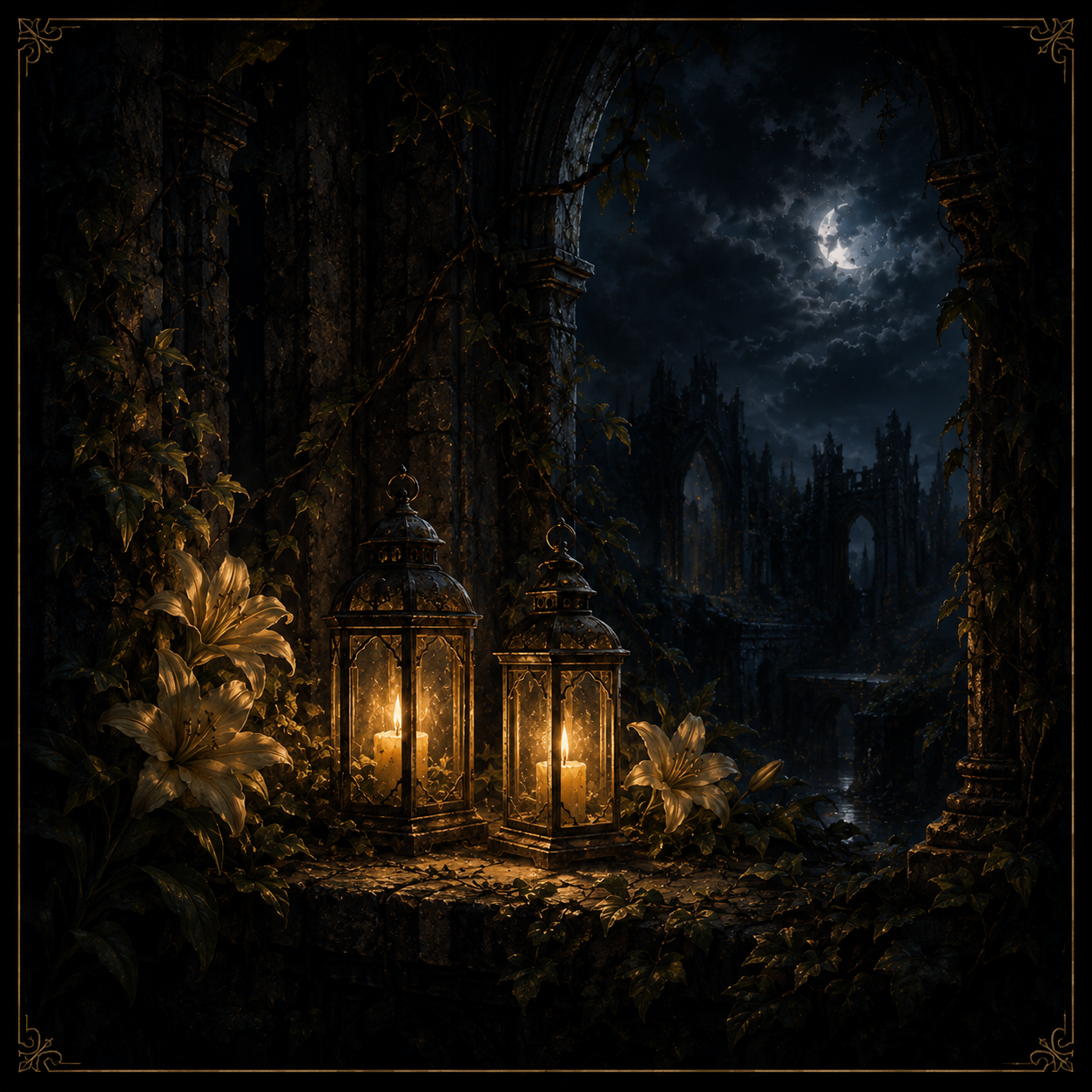 Two candlelit lanterns and pale lilies resting among moonlit gothic ruins.
