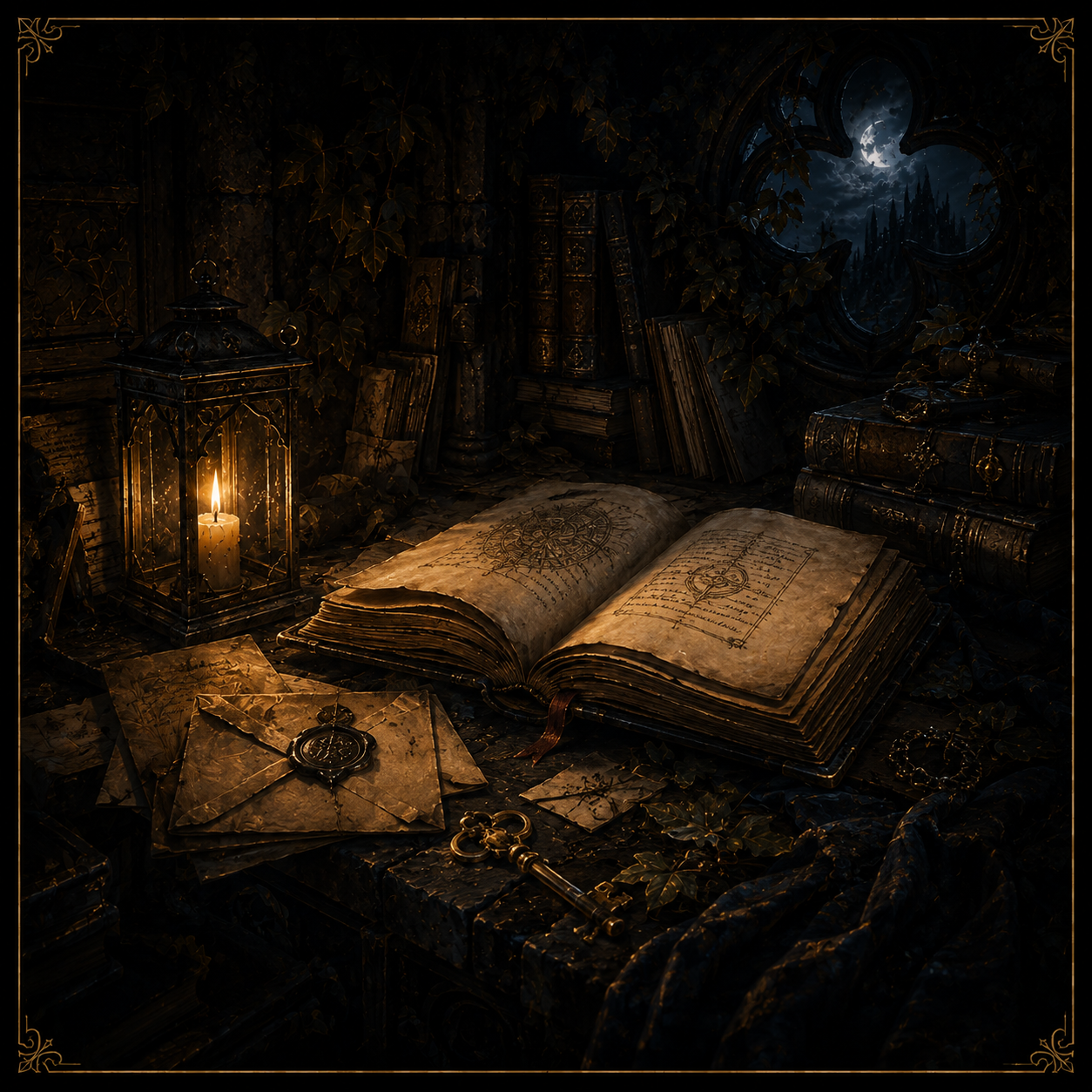 An ancient open book, sealed letters, and a key lit by candlelight in a shadowed archive.