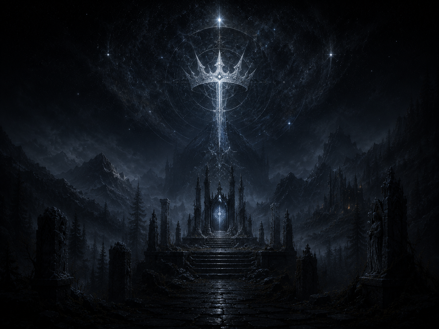 A cold celestial throne-like sanctuary beneath a silver crown of light in a star-filled night sky.
