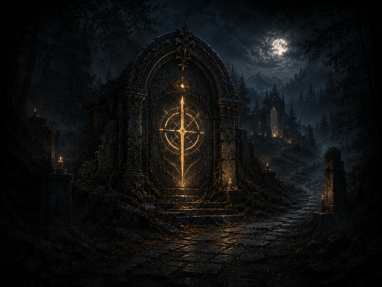 A moonlit stone sanctuary door marked with the symbol of the First Vow glowing in warm gold.