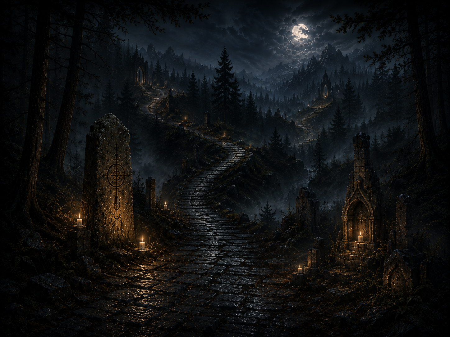 A winding moonlit road through dark forested mountains lined with broken vow markers and distant sanctuaries.