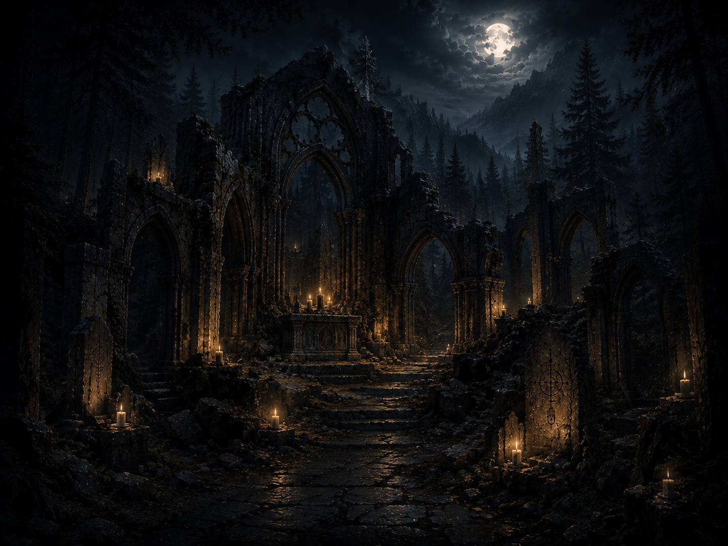 A candlelit ruined sanctuary of broken gothic arches deep in a moonlit forest.